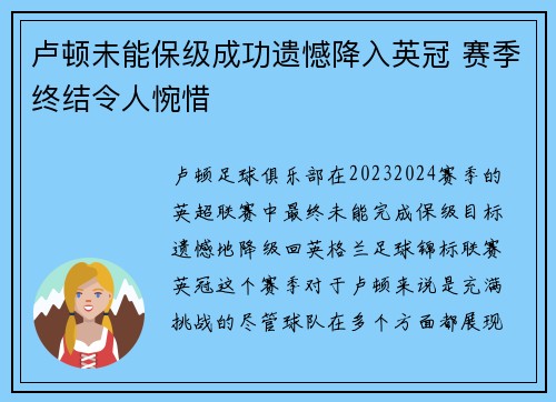 卢顿未能保级成功遗憾降入英冠 赛季终结令人惋惜